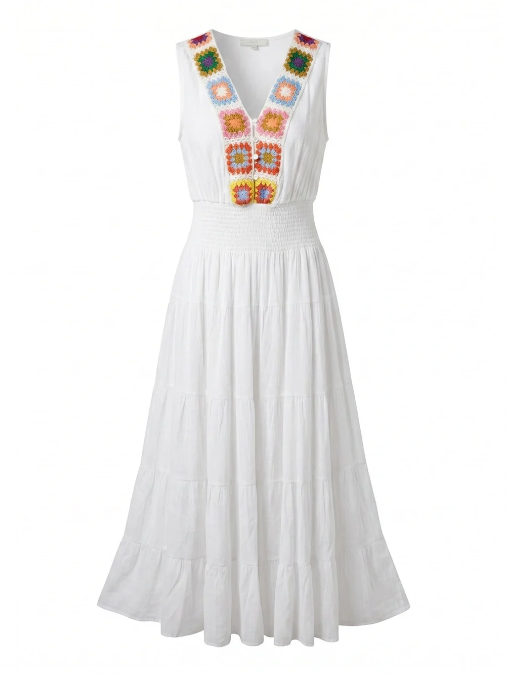 J Gee White Boho Tiered Maxi Dress with Colorful Granny Square Crochet Trim - Picture 2 of 10